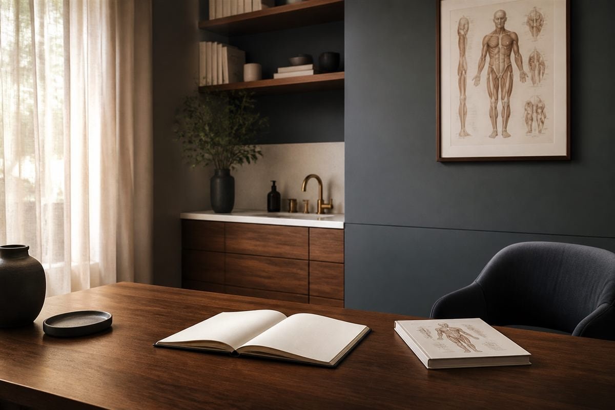 Imagem ilustrativa de um ambiente de consulta com mesa, caderno e livros